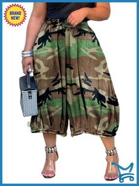 Baggy Cargo Cropped Jeans Camo Military Wide Leg Harem Denim Pants